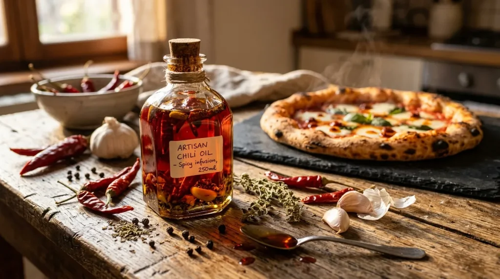 Bouteille d'huile pimentée artisanale sur table avec pizza et ingrédients