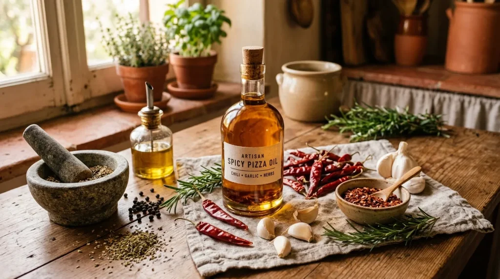 Bouteille d'huile piquante avec épices, ail et herbes aromatiques