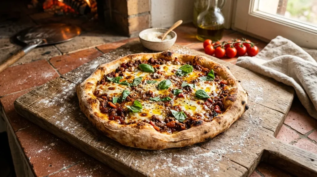 Pizza fraîche garnie de viande et basilic sur planche en bois