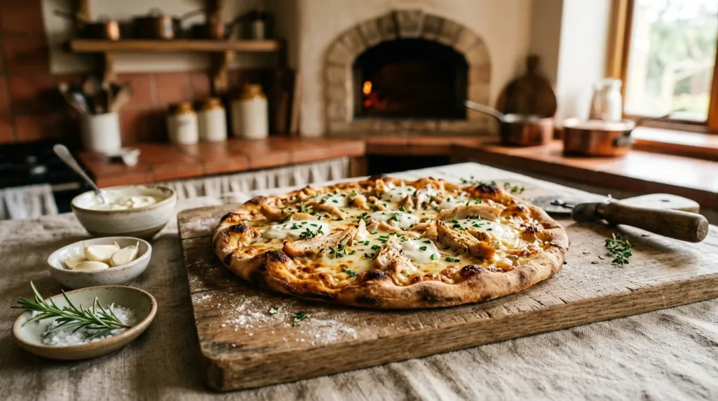 Pizza fraîche garnie de fromage et herbes sur planche bois