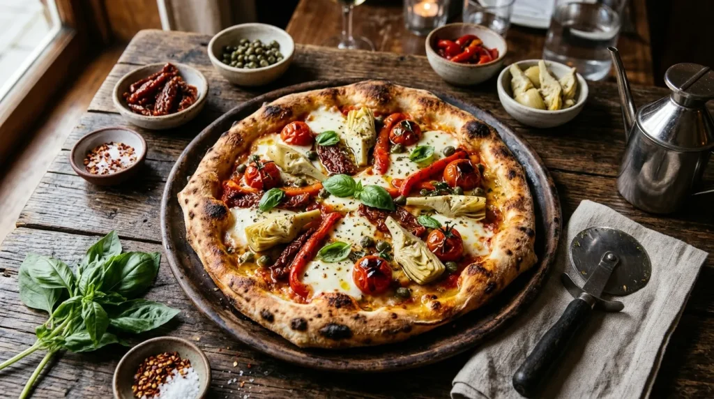 Pizza fraîche garnie d'artichauts, poivrons et tomates