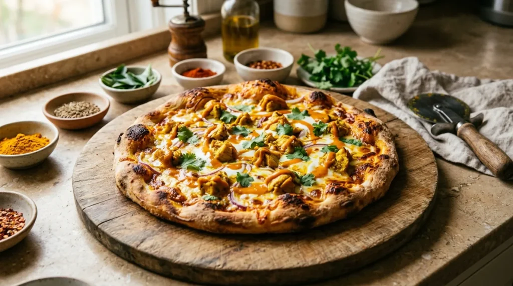 Pizza fraîche garnie de fromage, légumes et herbes fraîches