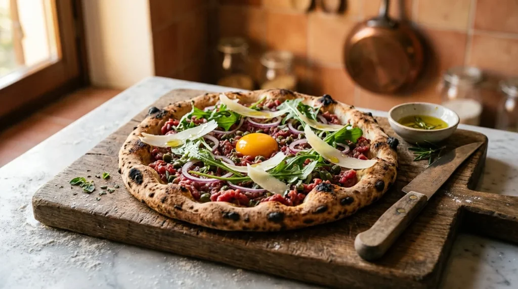 Pizza fraîche avec viande crue, œuf et herbes aromatiques