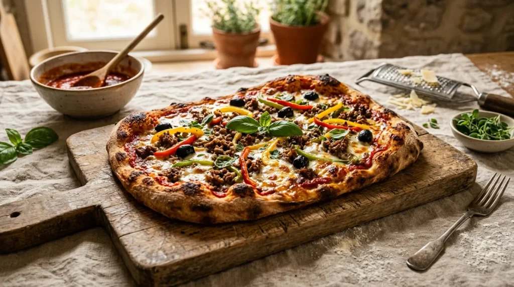 Pizza fraîche sur planche bois, poivrons, olives, basilic frais