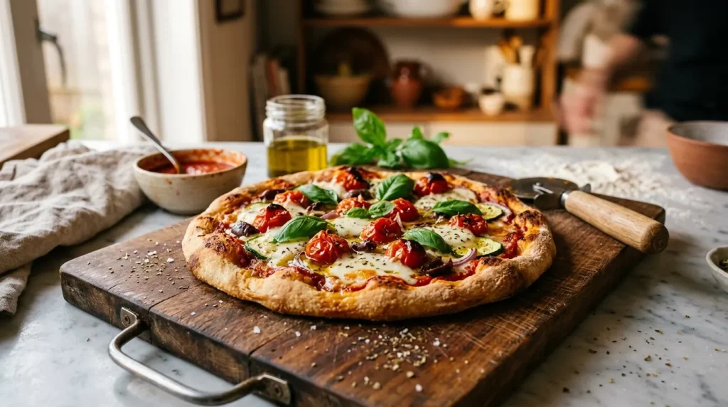 Pizza garnies tomates fromage basilic sur planche bois