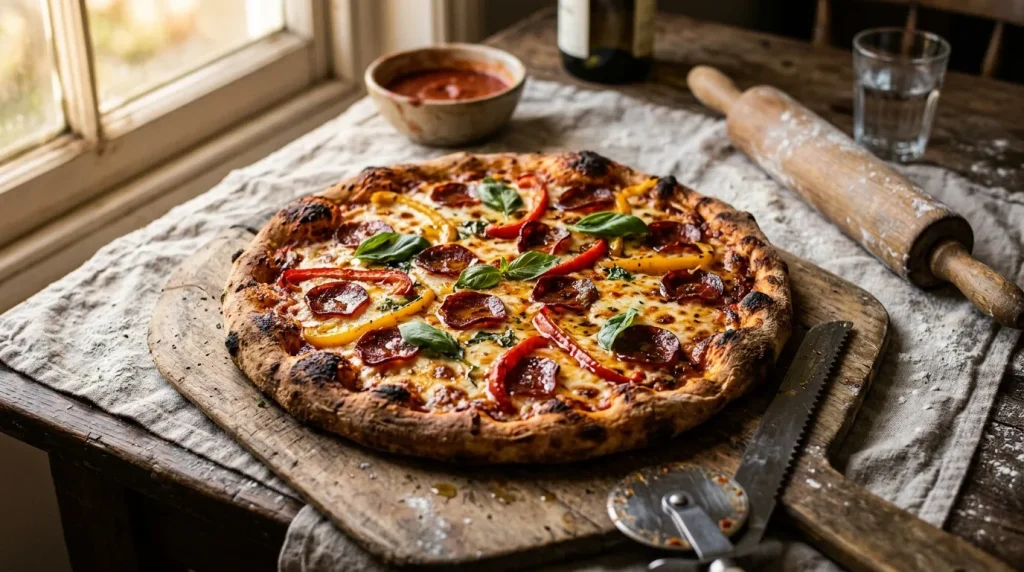 Pizza pepperoni avec basilic frais sur planche bois rustique