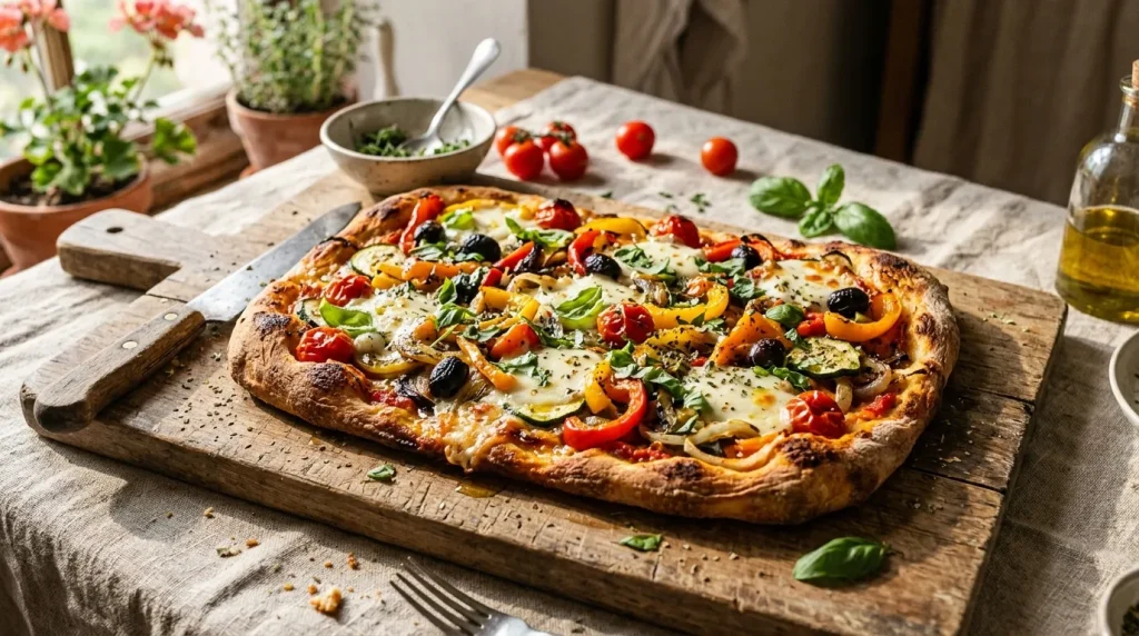 Pizza garnie de légumes frais sur planche rustique