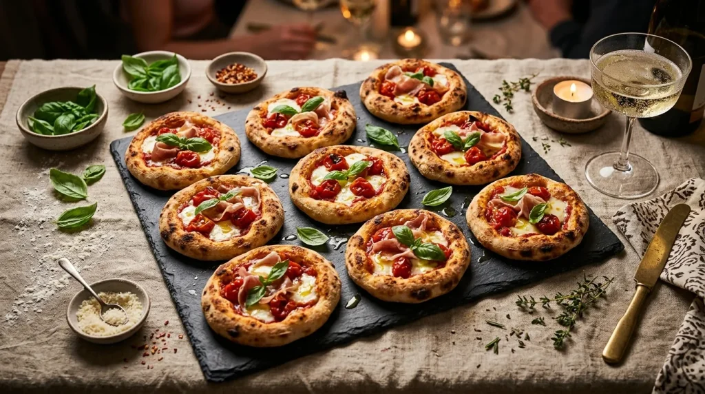 Pizzas artisanales garnies de tomates, mozzarella, jambon et basilic frais
