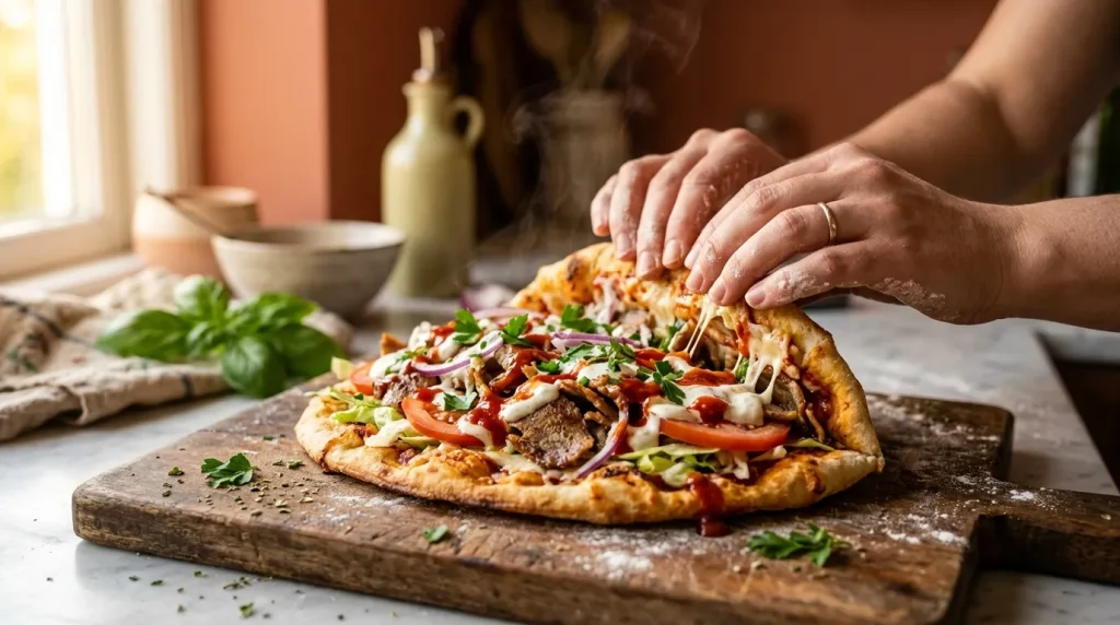 Main garnissant une pizza fraîche avec légumes et fromage