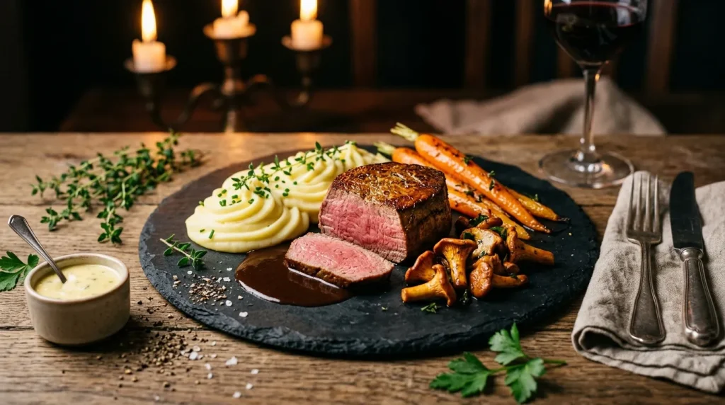 Assiette élégante avec steak rosé, purée et carottes rôties